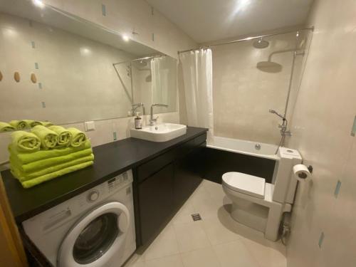 塔林Kaupmehe Terrace Apartment, free parking的一间带洗衣机和水槽的浴室