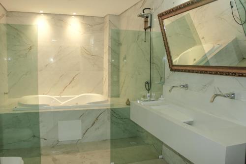BacabalRoma Hotel的一间带水槽、淋浴和镜子的浴室