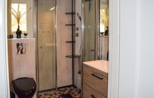 德勒巴克Beautiful Home In Drbak With Wifi的带淋浴、卫生间和盥洗盆的浴室