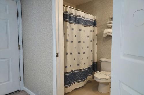加洛韦Studio Inn and Suites的一间带卫生间和淋浴帘的浴室
