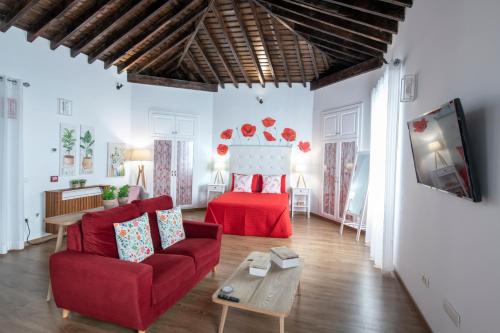 圣克鲁斯-德拉帕尔马Casa Emblemática Salgado的客厅配有红色的沙发和床。