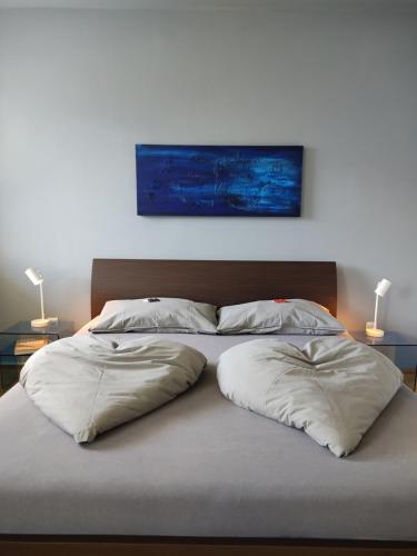 马伦格La Vista - Apartment mit Traumblick & Garten的一张带两个枕头的床和两盏灯