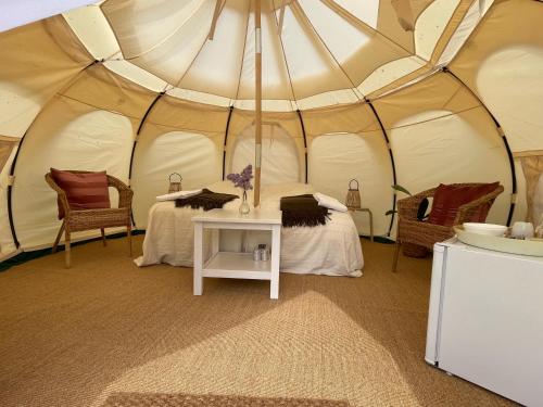 TanderupMellem-rummet Guesthouse & Glamping的帐篷内带两张床的房间