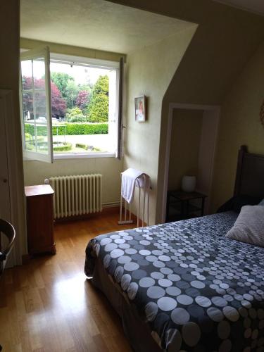 高伊斯瑙Chambre Solo Grande maison的一间卧室设有一张床和一个大窗户
