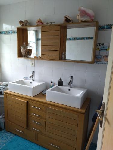 高伊斯瑙Chambre Solo Grande maison的一间带两个盥洗盆和木制橱柜的浴室