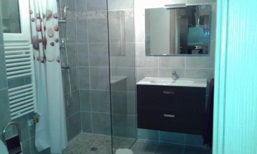 阿雅克修Bella Vista 2A的带淋浴、盥洗盆和镜子的浴室