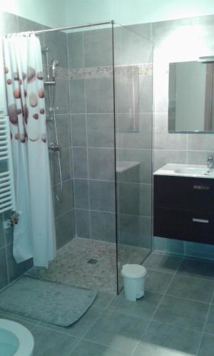 阿雅克修Bella Vista 2A的带淋浴、卫生间和盥洗盆的浴室
