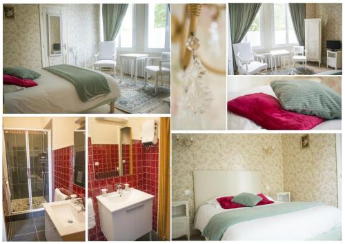 Sancoins杜帕克酒店的卧室和浴室照片的拼合