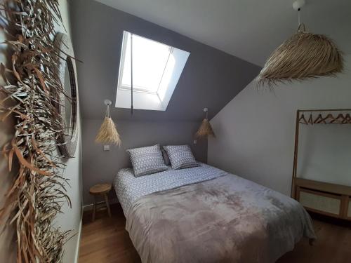 圣马洛Le Cottage du Bois Flotté的一间卧室配有一张床和天窗