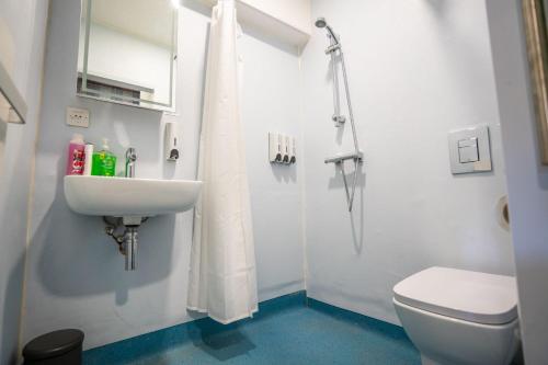 泰恩河畔纽卡斯尔Apartment Chinatown 303的一间带水槽、卫生间和淋浴的浴室