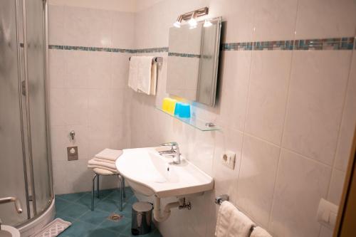 沃兰Wiesgut的白色的浴室设有水槽和淋浴。
