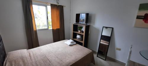 圣地亚哥-德尔埃斯特罗TU REFUGIO - Alquiler Temporario的一间卧室配有一张床、镜子和电视