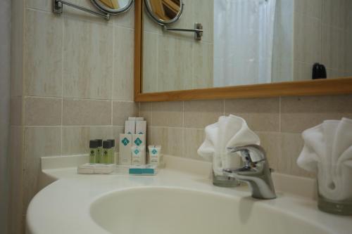 海塞卜阿塔那海塞卜酒店的浴室水槽设有水龙头和镜子