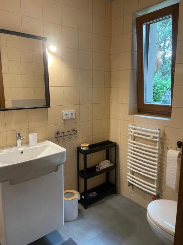 ChojnoApartament przy lesie的一间带水槽和卫生间的浴室以及窗户。