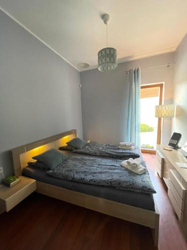 ChojnoApartament przy lesie的一间卧室设有一张大床和一个窗户。