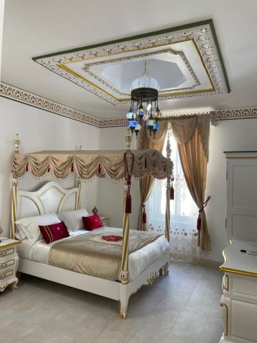 纳博讷Chambre Orientale Chérazade Maison de L'Église的一间卧室配有华丽的天花板和天蓬床