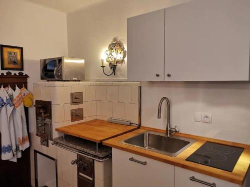 哈莱恩70qm 3-Zimmer Apartment am Tauernradweg in Hallein bei Salzburg, nahe Berchtesgaden, Roßfeld, Kehlsteinhaus, Obersalzberg, Watzmann, Schönau am Königsee, Bad Vigaun, Schloss Hellbrunn, Burg Hohen Salzburg, Burg Hohen Werfen # Beherbergungsbetrieb OC45的厨房配有水槽和台面