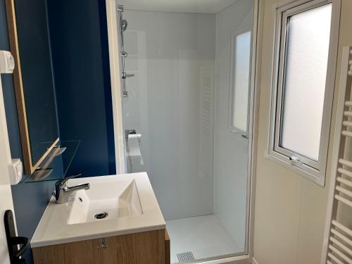 瑟堡Camping De Collignon的浴室配有白色水槽和淋浴。