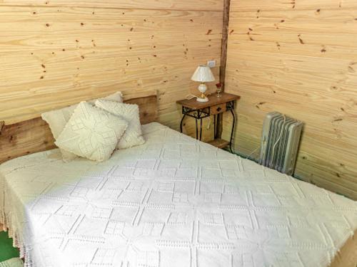 圣本图-杜萨普卡伊Sítio flor da montanha的一间卧室配有一张床和一张带台灯的桌子