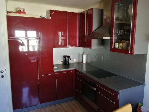 林茨Doppelhaushälfte mit Garten的厨房配有红色橱柜和黑色台面
