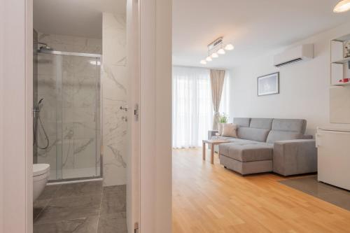 索林Luxury Apartment Solinka With Private Parking的带淋浴的浴室和带沙发的客厅
