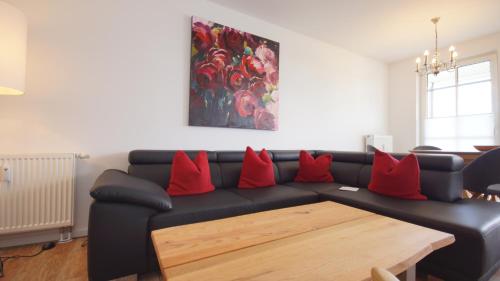 奥斯赛拜-塞林Ferienwohnung Kolbe的客厅配有带红色枕头的黑色沙发