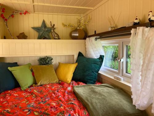 巴特尔Neddys Rest Luxury Horsebox Stay的一间卧室配有一张带色彩缤纷枕头的床和窗户。
