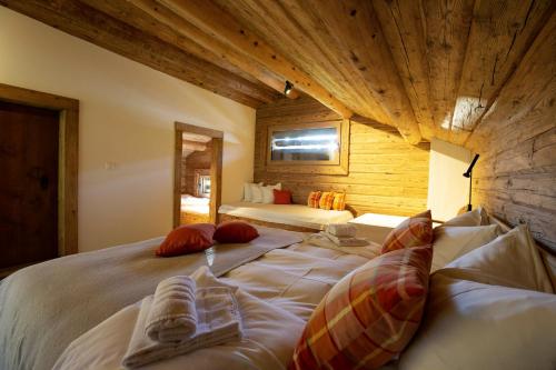 ObervazMountain Cabin Tschividains Lenzerheide的小木屋内一间卧室,配有两张床