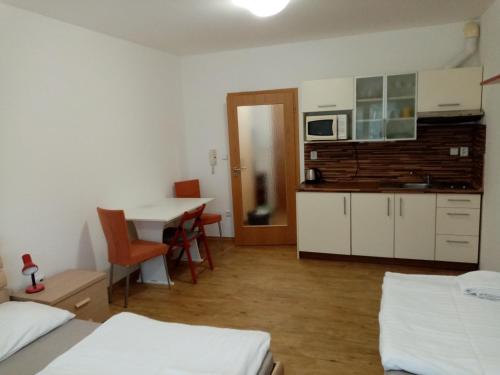 伏尔塔瓦河畔利普诺Apartmán v Lipně nad Vltavou 25的带两张床的房间和带桌子的厨房