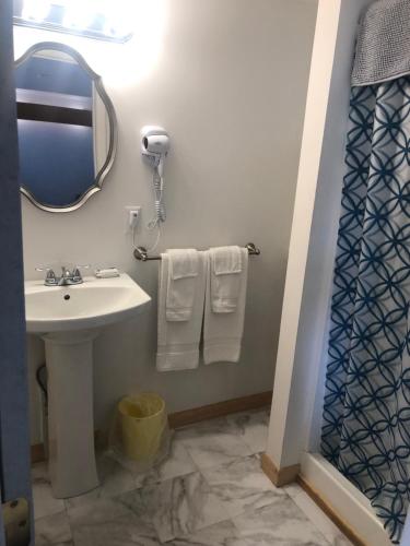旧奥查德比奇Executive Motel的浴室配有盥洗盆、镜子和毛巾