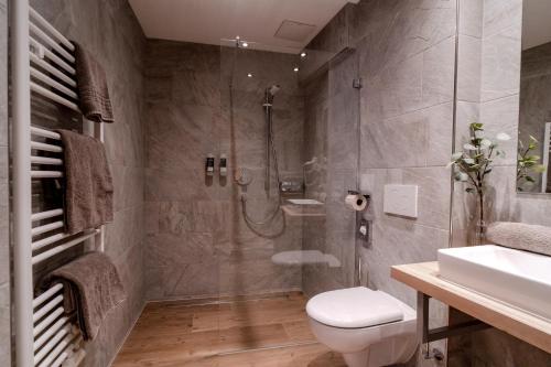 特林斯Alpen Gasthof Apartments Hohe Burg的带淋浴、卫生间和盥洗盆的浴室