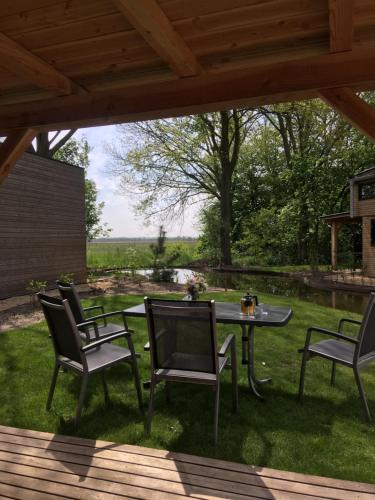 许尔斯霍斯特Fraai Tiny House aan het veluwemeer met uitzicht & veranda的草上一组椅子和一张桌子