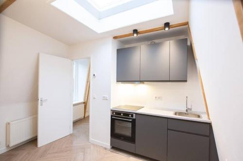 吕伐登Appartement in binnenstad/centrum van Leeuwarden的厨房设有水槽和天窗。