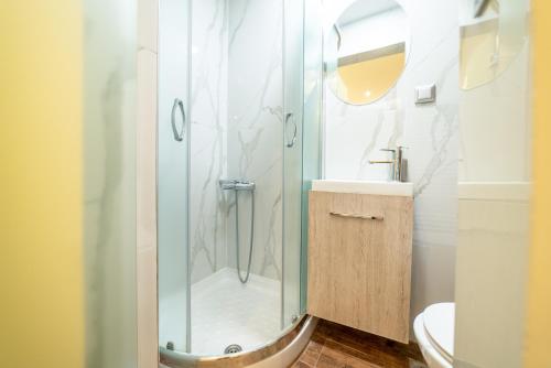 塞萨洛尼基Luxury Suites with KING-SIZED bed的带淋浴、卫生间和盥洗盆的浴室