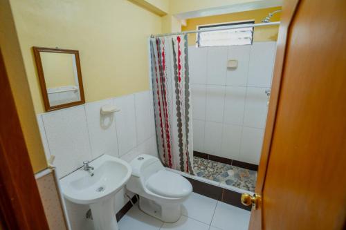 瓦拉斯Amazing Huaraz的一间带水槽、卫生间和淋浴的浴室