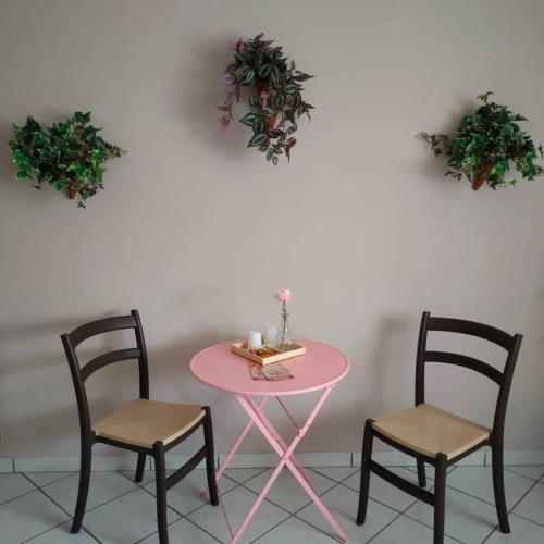 马斯卡卢恰I capricci dell'etna 4 di Puglisi的粉红色的桌子和两把椅子,一张桌子和两株植物