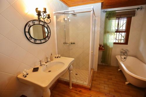 温特和克Ti Melen Boutique Guesthouse的一间带水槽、浴缸和镜子的浴室