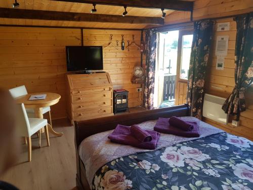 欧克希尔Country Bumpkin - Romantic Couples stay in Oakhill Cabin的一间卧室配有一张带紫色枕头的床和一台电视。