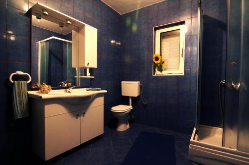 诺瓦利娅Apartments Nebeska的蓝色瓷砖浴室设有水槽和卫生间
