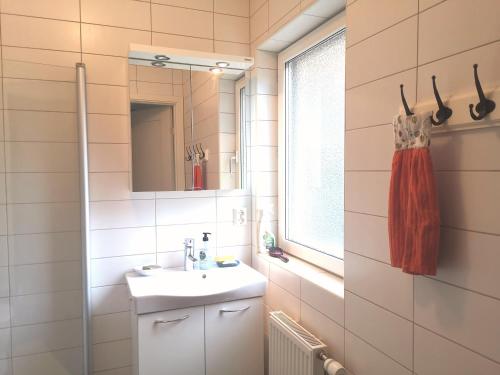 斯德哥尔摩A room in a villa close to Arlanda Airport的一间带水槽和镜子的浴室