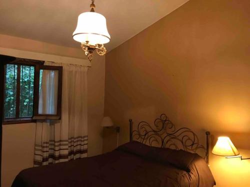 圣洛伦索Lindísima casa de campo en Villa San Lorenzo Salta的一间卧室配有一张带两盏灯的床和一扇窗户。