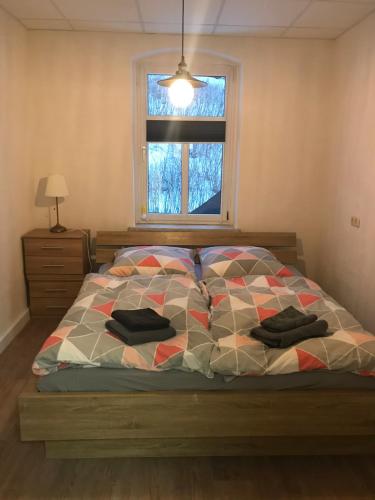 约翰乔治城Ferienwohnung Franke EG RuheZeit am Schwarzwasser的卧室内的一张床位,配有窗户和2条毛巾