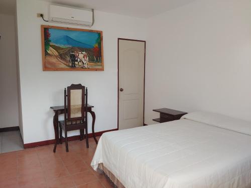 格拉纳达Museito de Carlos的一间卧室配有一张床、一把椅子和一张桌子
