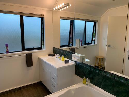 但尼丁755 Regal Court Motel的带浴缸、水槽和镜子的浴室