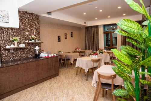 巴库Sebail Inn Hotel的一间设有桌椅的餐厅,种植了植物