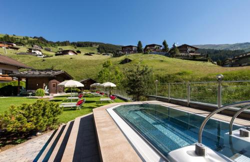 图克斯图克塞尔霍夫阿尔卑斯温泉酒店的享有房屋景致的游泳池