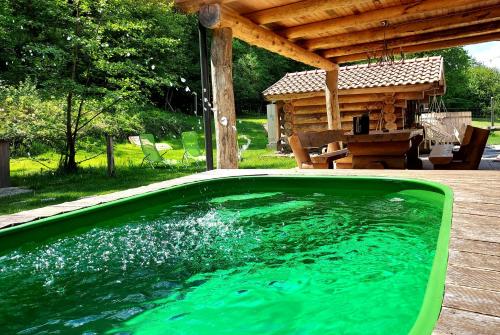 摩拉瓦托普利采Koča na samem的后院的游泳池,有木屋