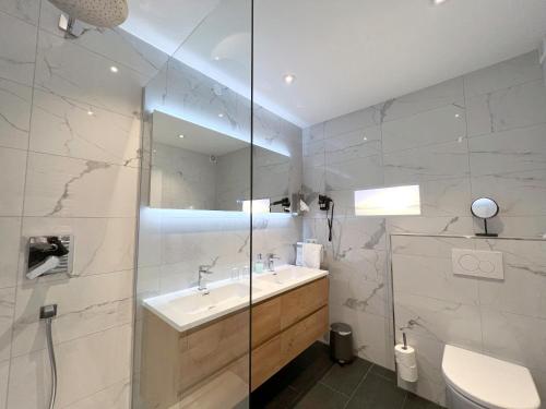 基姆湖畔普林基姆湖斯加洛斯布里克酒店的一间带水槽、卫生间和镜子的浴室