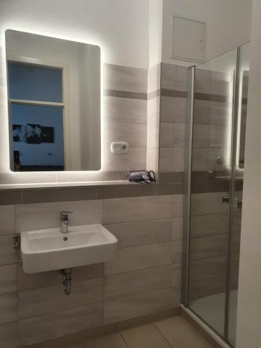 柏林祖姆里施腾伯格膳食公寓的一间带水槽和镜子的浴室