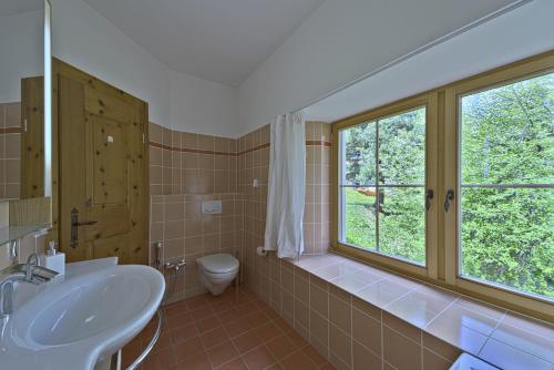 萨梅丹Chesa Domiziana - Samedan的一间带水槽和卫生间的浴室以及窗户。